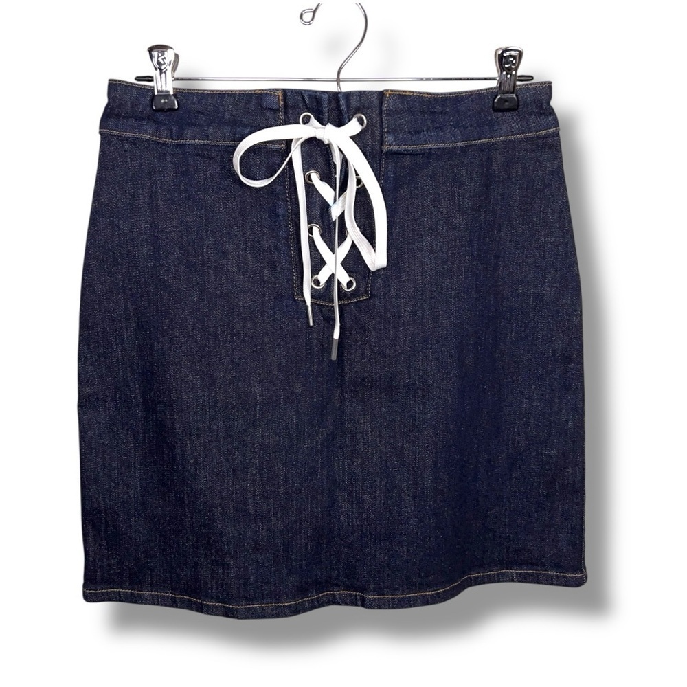 Juniors Large BLDWN Blue Denim Skirt Stretch Fitted Lace Up Front Accent